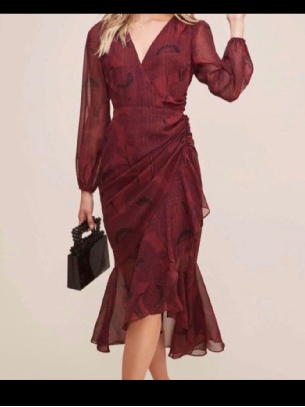 ASTR the label Burgundy floral Wrap Midi Dress with Sheer Long Sleeves romantic